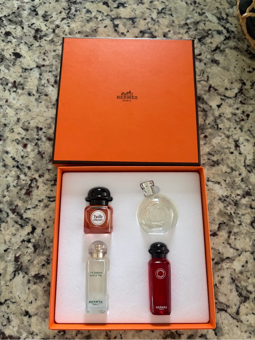 Hermes Mini Fragrance Set in Orange, Red, Clear Bottles
